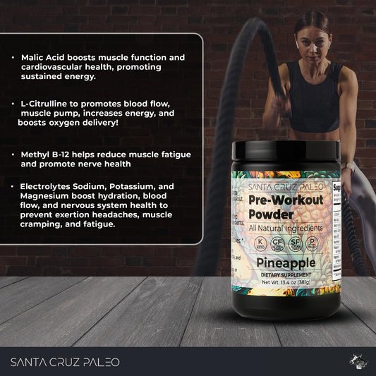 Santa Cruz Paleo pre-workout scoop beside a glass for a stimulant-free session
