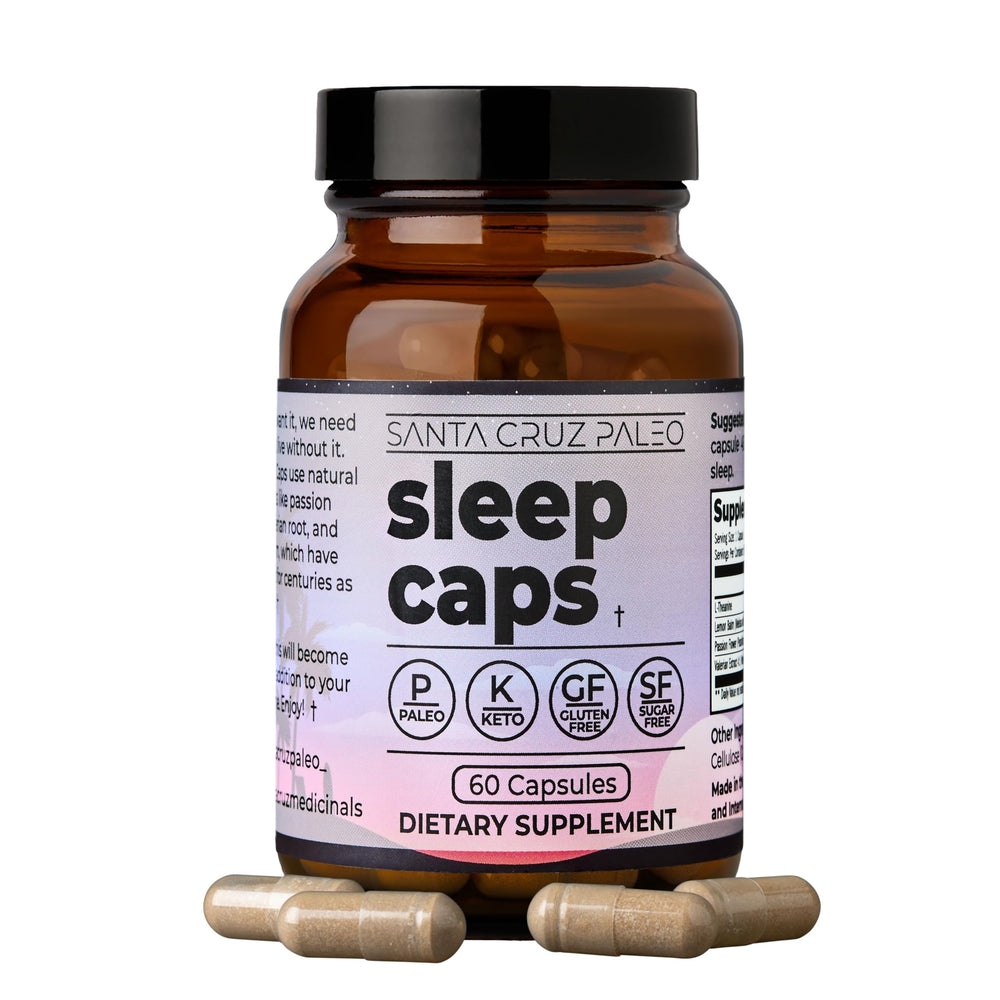 Santa Cruz Paleo Sleep Caps bottle on nightstand for a calm bedtime routine