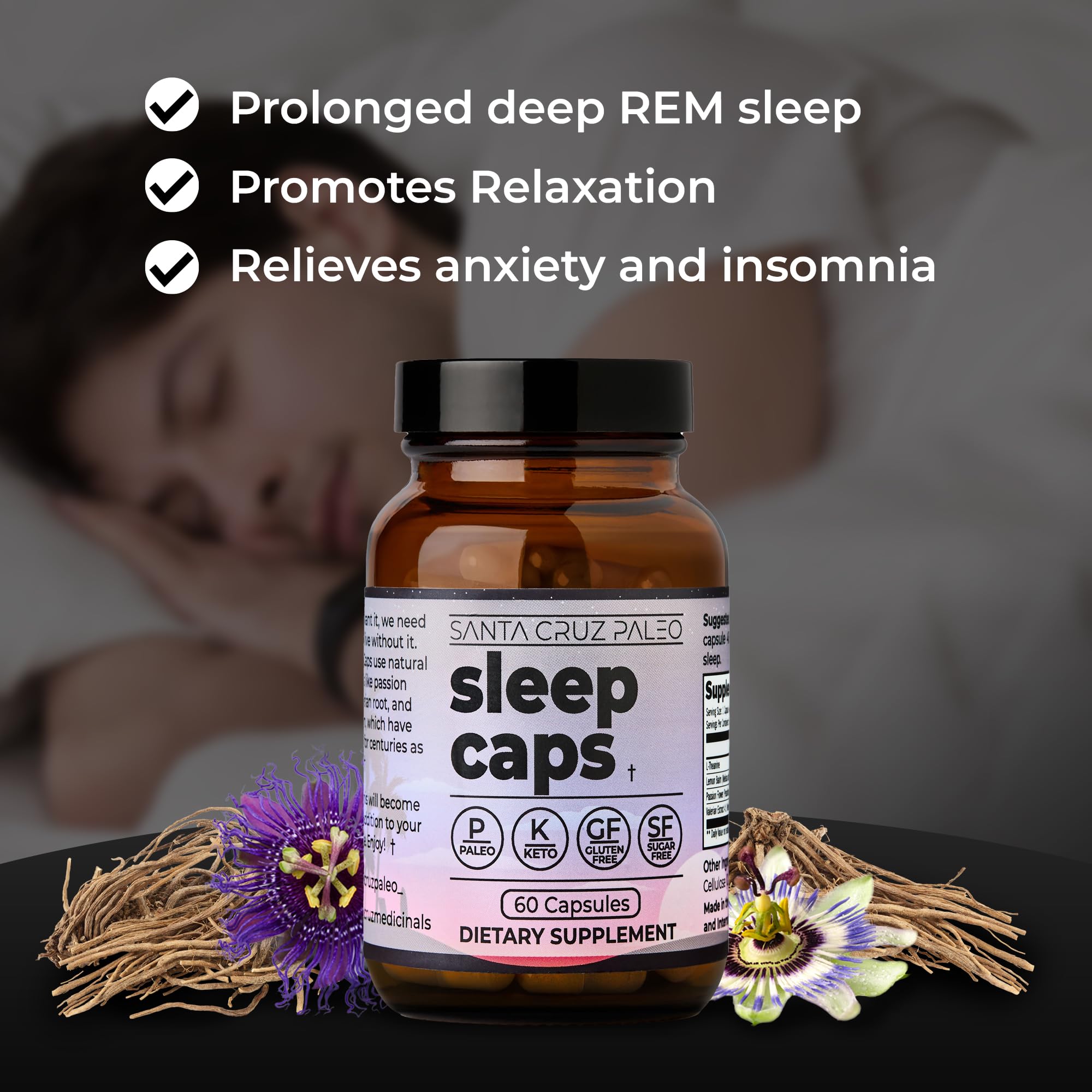 Label close-up on Santa Cruz Paleo Sleep Caps detailing ingredients and benefits