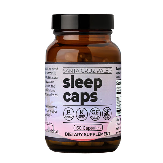 Close-up of Santa Cruz Paleo Sleep Caps packaging highlighting melatonin-free night support