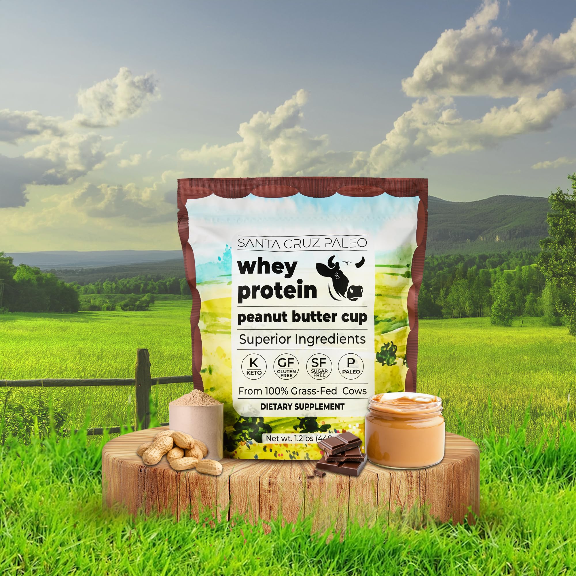 Santa Cruz Paleo Whey Protein gluten-free and keto-friendly icons for clean nutrition.