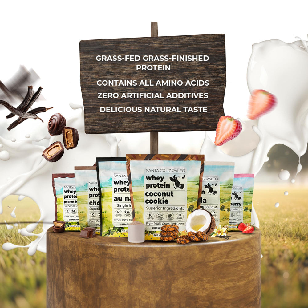 Shake-ready Santa Cruz Paleo Whey Protein Coconut Cookie shake in milk offers smooth flavor.