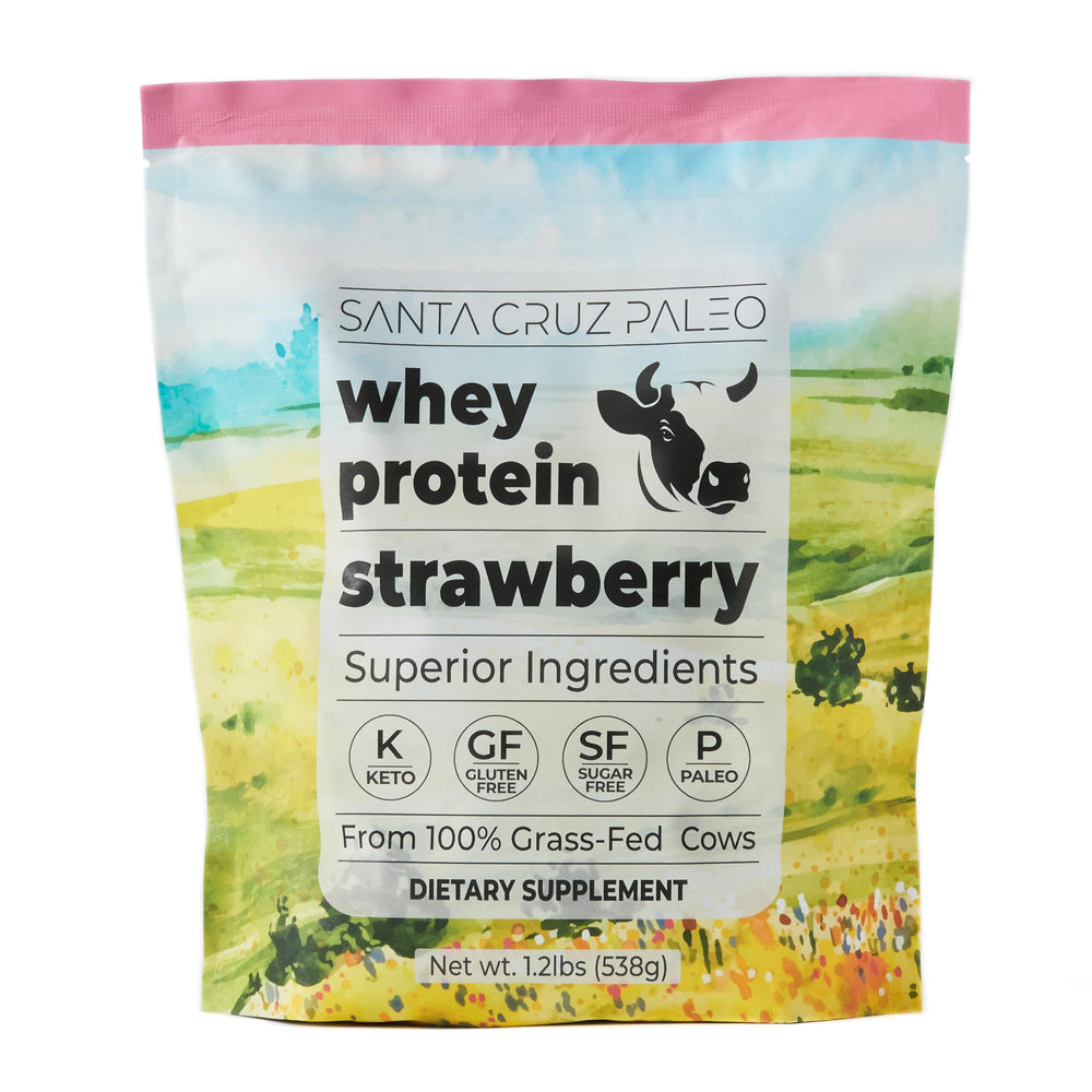 Santa Cruz Paleo strawberry front label highlights clean grass-fed whey protein