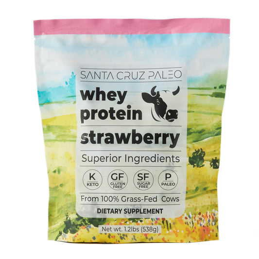Santa Cruz Paleo strawberry front label highlights clean grass-fed whey protein