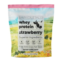 Santa Cruz Paleo strawberry front label highlights clean grass-fed whey protein