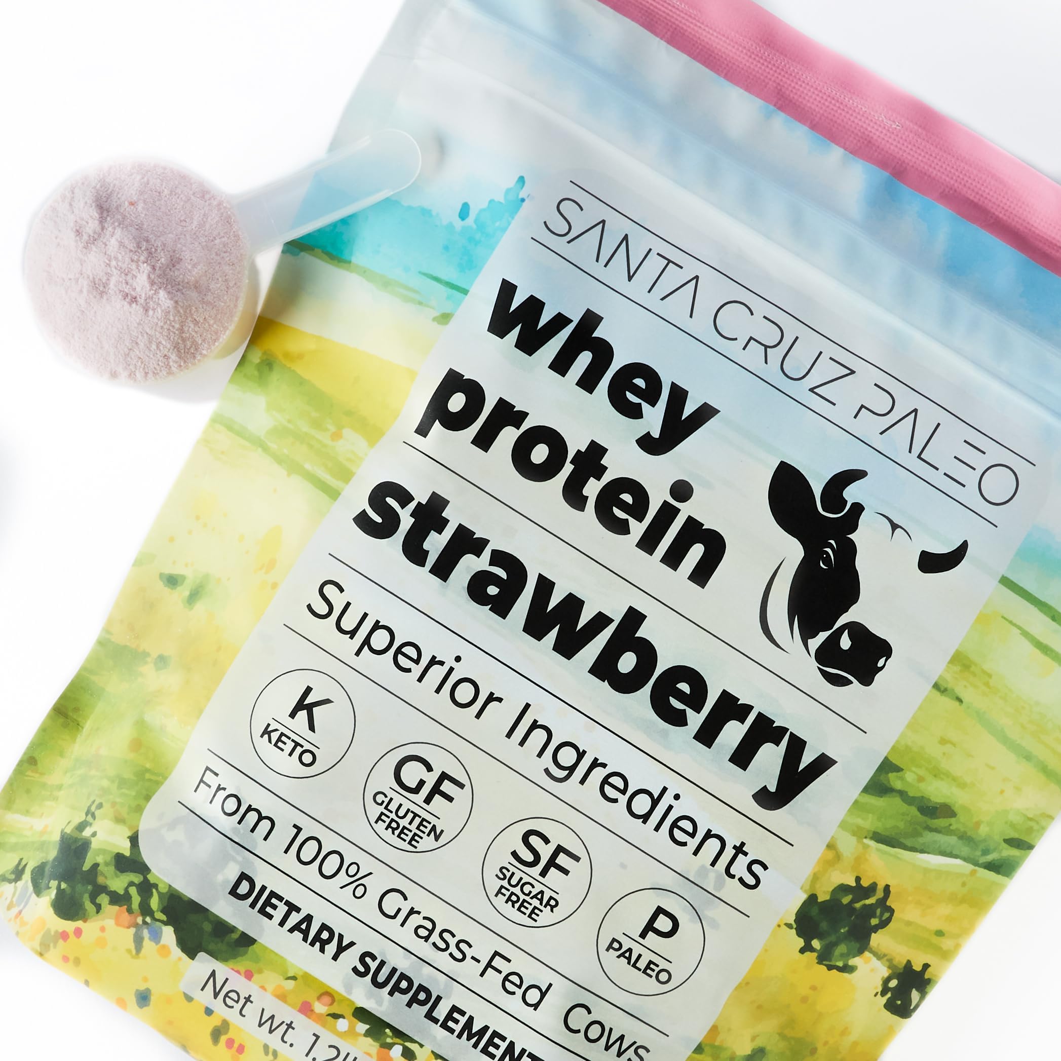 Santa Cruz Paleo strawberry nutrition facts panel with 20g protein per serving