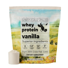 Santa Cruz Paleo Whey Vanilla scoop close-up for clean protein fueling workouts.