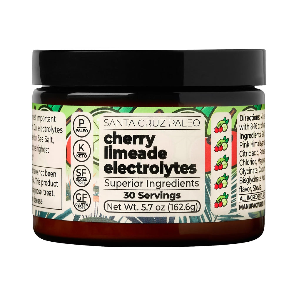 Santa Cruz Paleo Electrolyte Powder Cherry Limeade tub shows balanced hydration potential