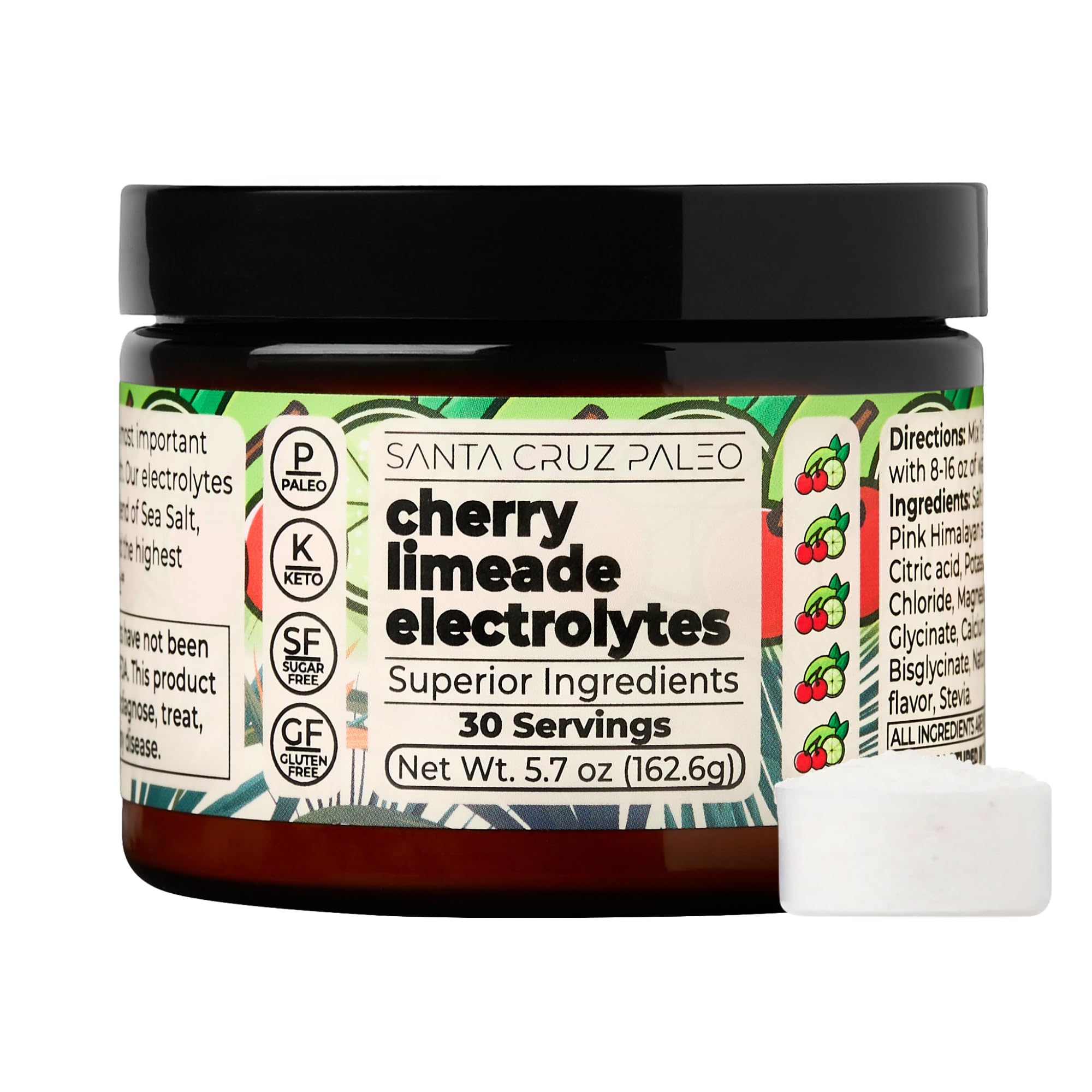Packaging of Santa Cruz Paleo Electrolyte Powder highlighting 30 servings