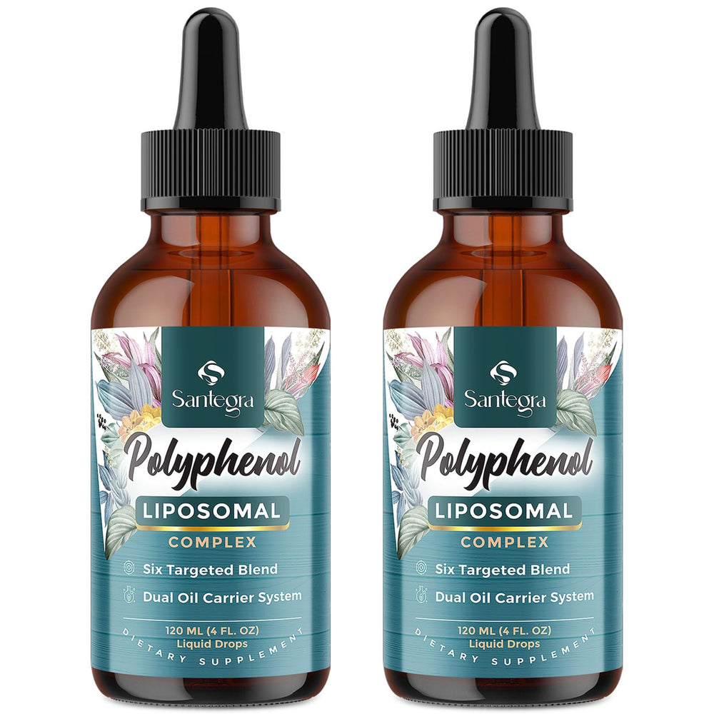 Santegra liposomal polyphenols bottle close-up highlighting antioxidant support.