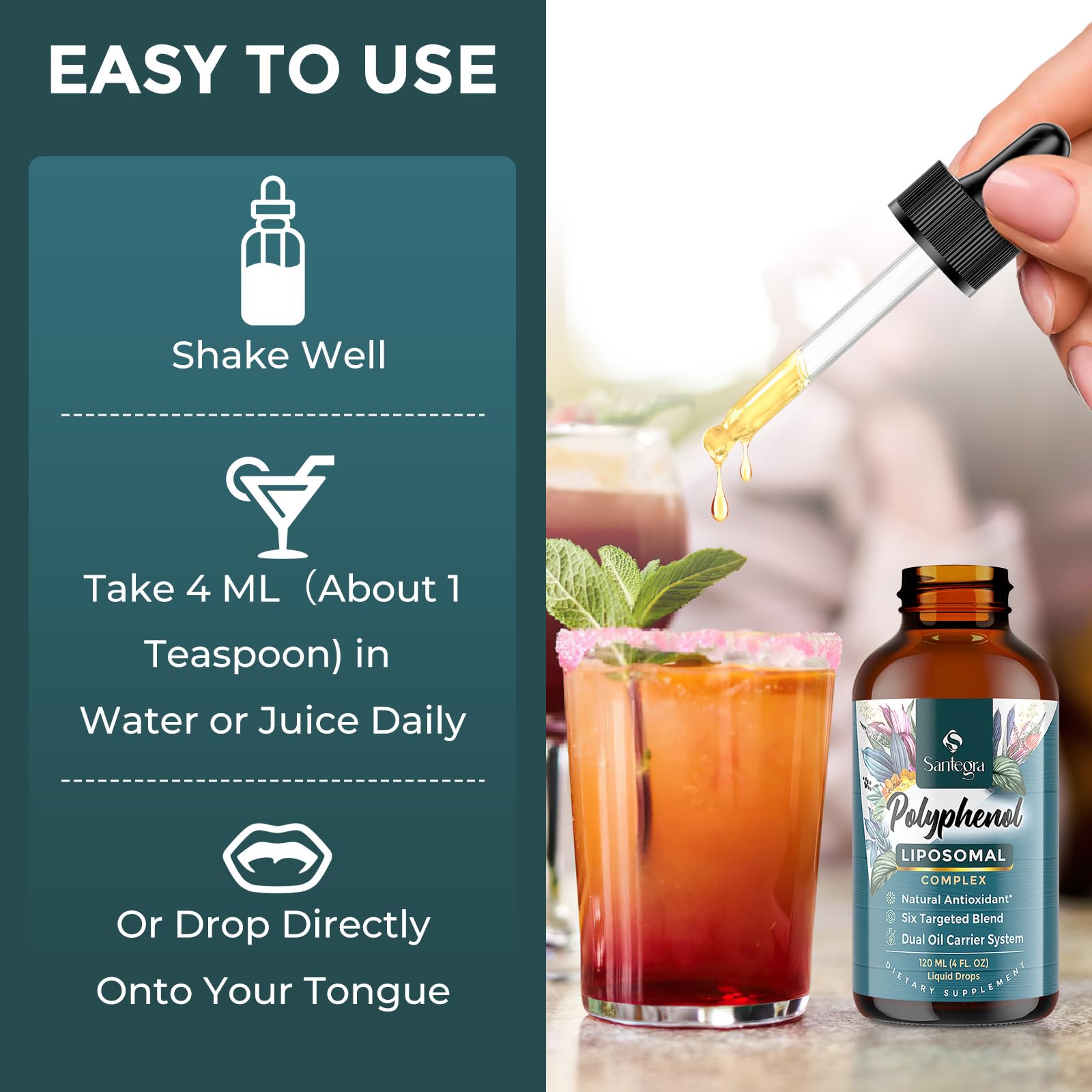 Santegra polyphenols with MCT and olive oil carrier boosts absorption.