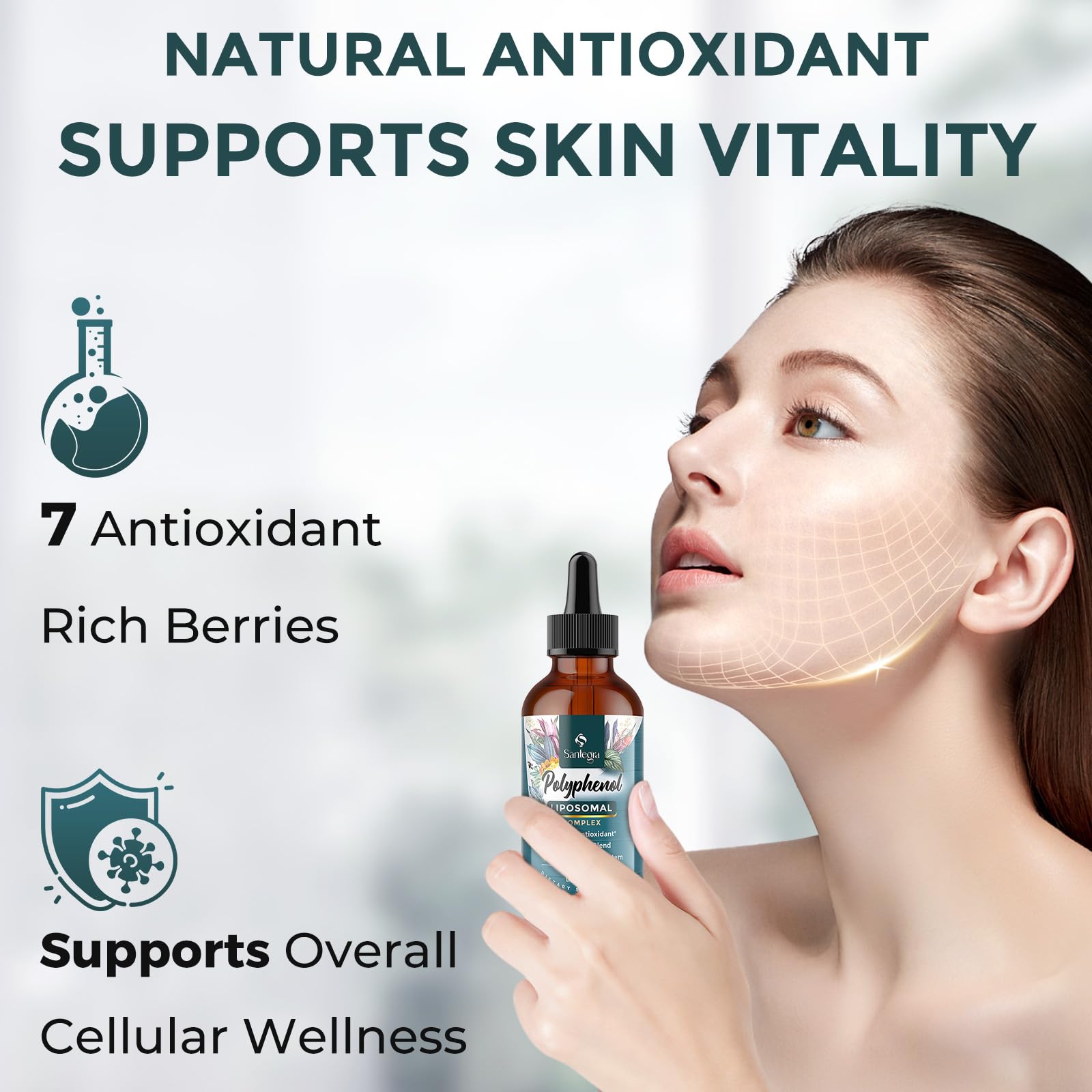 Santegra polyphenols bottle shows stevia-sweetened, natural flavor.