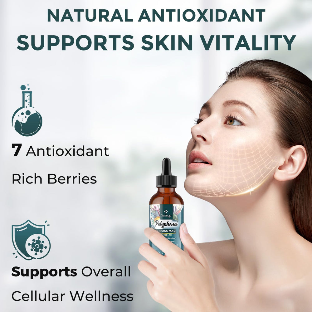 Santegra polyphenols bottle shows stevia-sweetened, natural flavor.