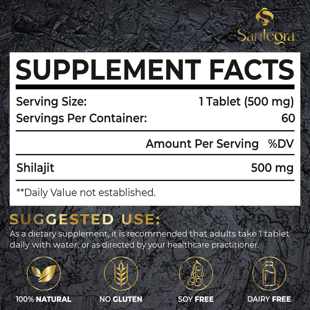 Santegra Shilajit tablets close up shows 500 mg potency and dosage.
