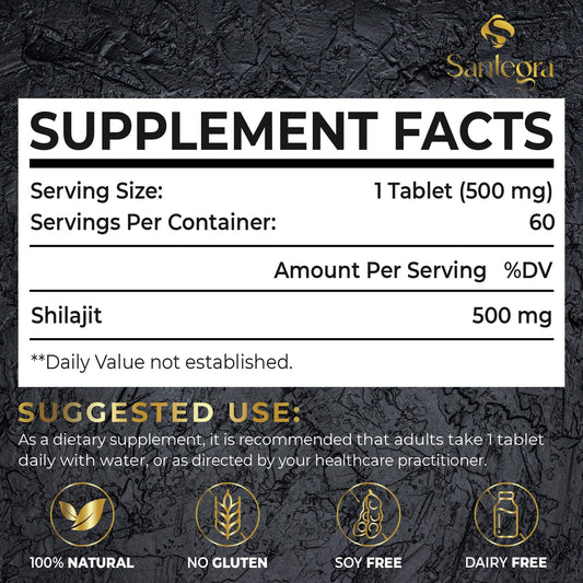 Santegra Shilajit tablets close up shows 500 mg potency and dosage.