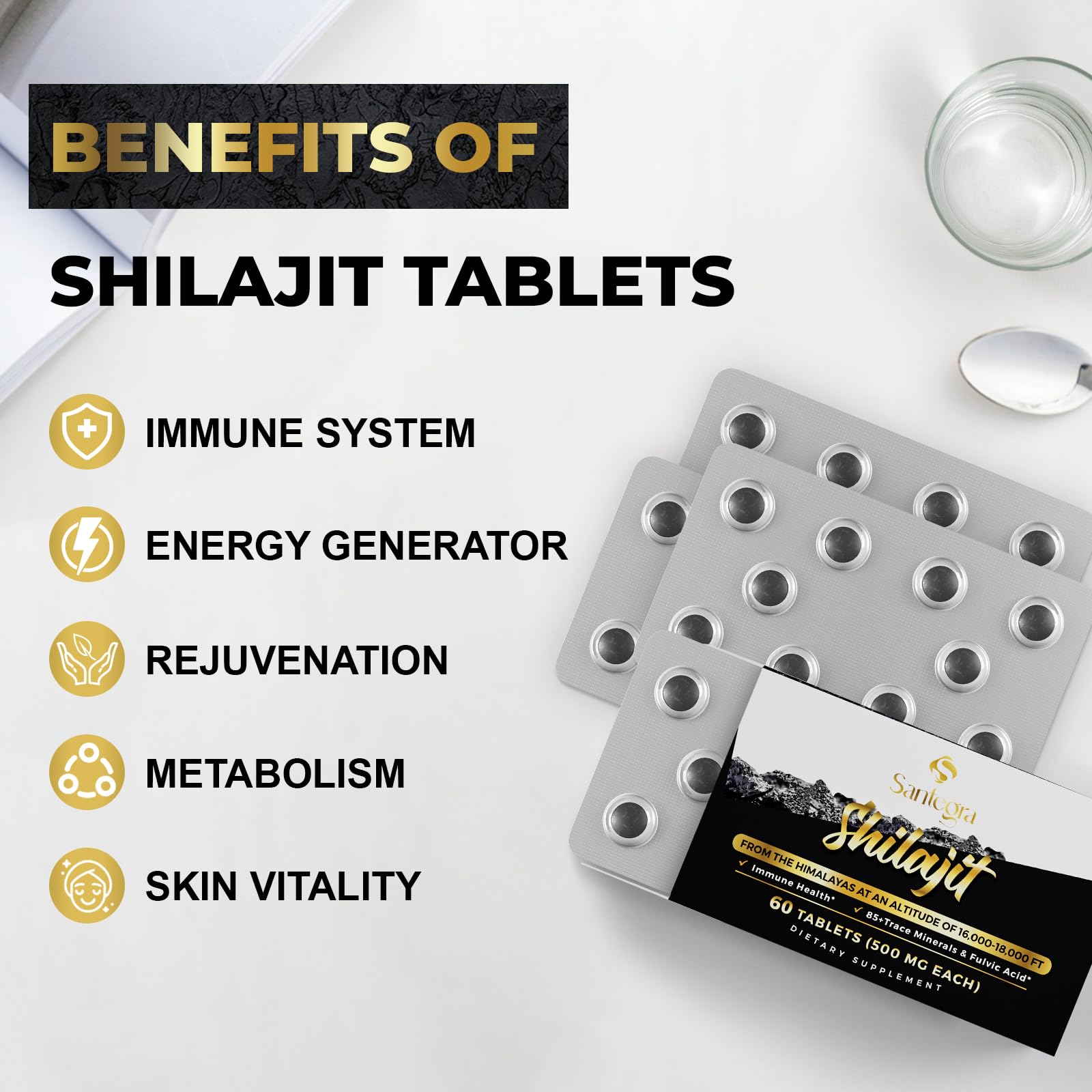 Santegra Shilajit tablets blister pack demonstrates portable daily use.