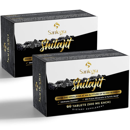 Santegra Shilajit tablets bottle front view for easy daily supplementation.