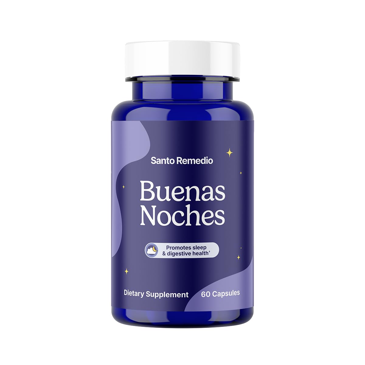 Santo Remedio Buenas Noches bottle label highlights Zylaria and melatonin for nighttime balance.
