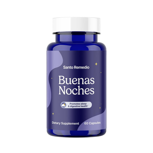 Santo Remedio Buenas Noches bottle label highlights Zylaria and melatonin for nighttime balance.