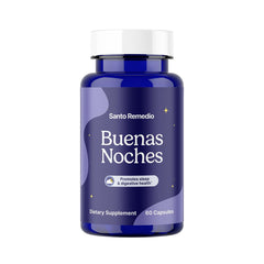 Santo Remedio Buenas Noches bottle label highlights Zylaria and melatonin for nighttime balance.