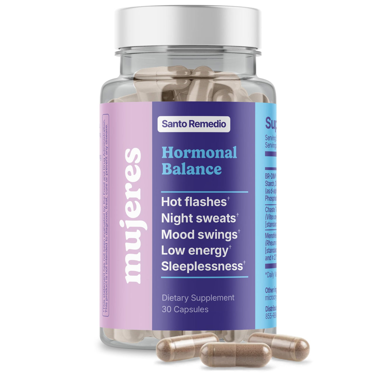 Santo Remedio Hormonal Balance bottle with capsules for menopause support