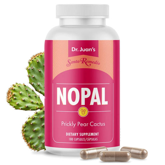 Santo Remedio Nopal bottle and capsules showcase a sugar-free, gluten-free dietary option.