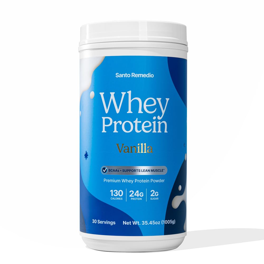 Santo Remedio Vanilla Whey Protein bottle shows premium vanilla flavor for post-workout recovery.