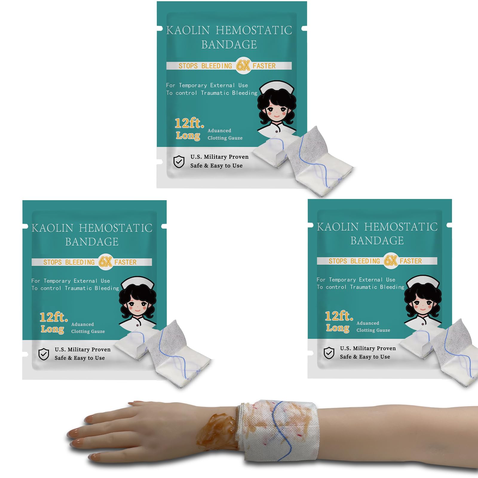 Sapbontchi Quick Clot Gauze 3in x 12.5ft ready for rapid bleeding control.