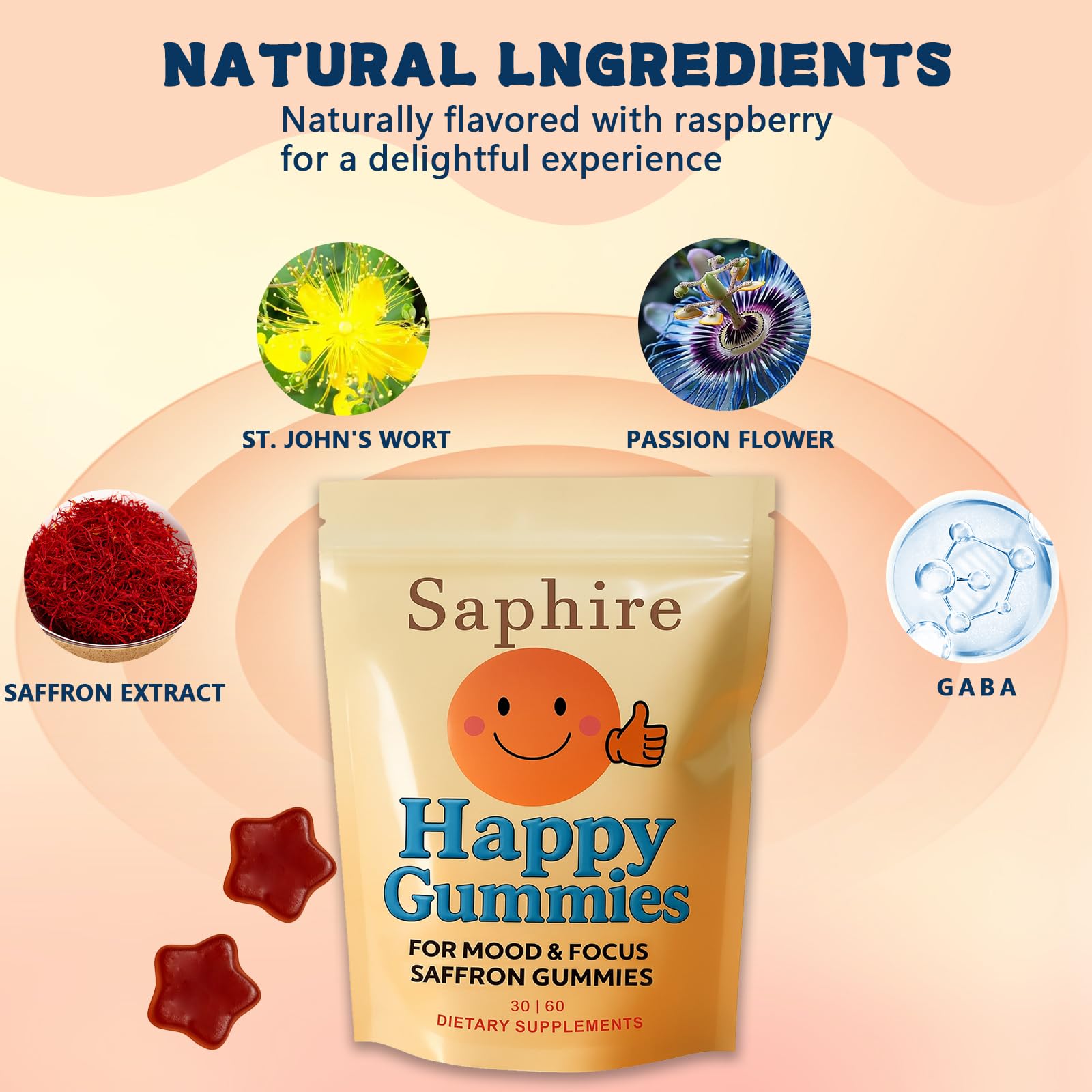 Saphire Happy Gummies saffron ingredient glow emphasizes plant based calm cues.