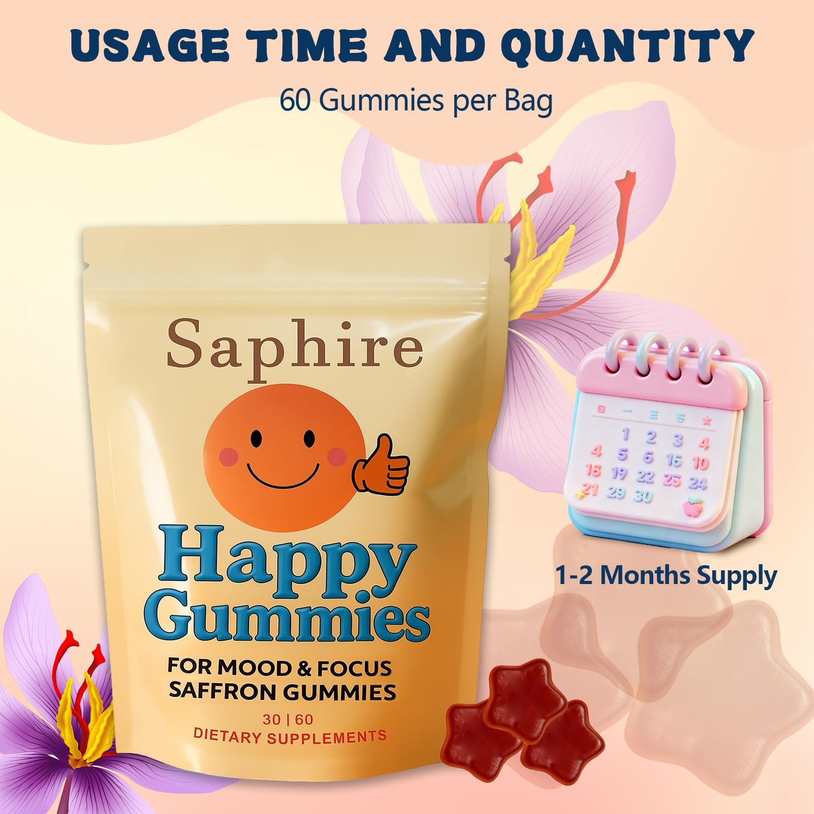 Saphire Happy Gummies vegan non-GMO gluten-free badge signals clean formula.