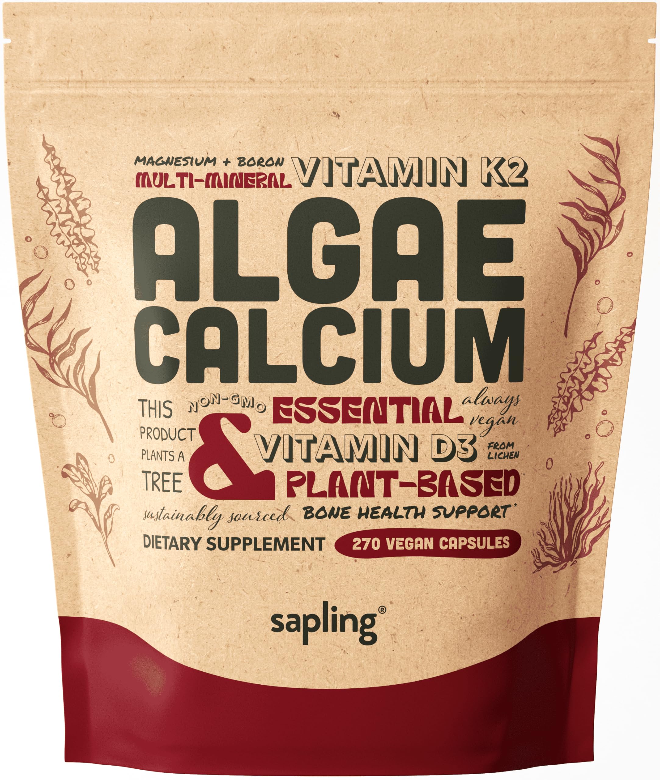 Sapling calcium bottle highlighting red algae source for plant-based mineral support