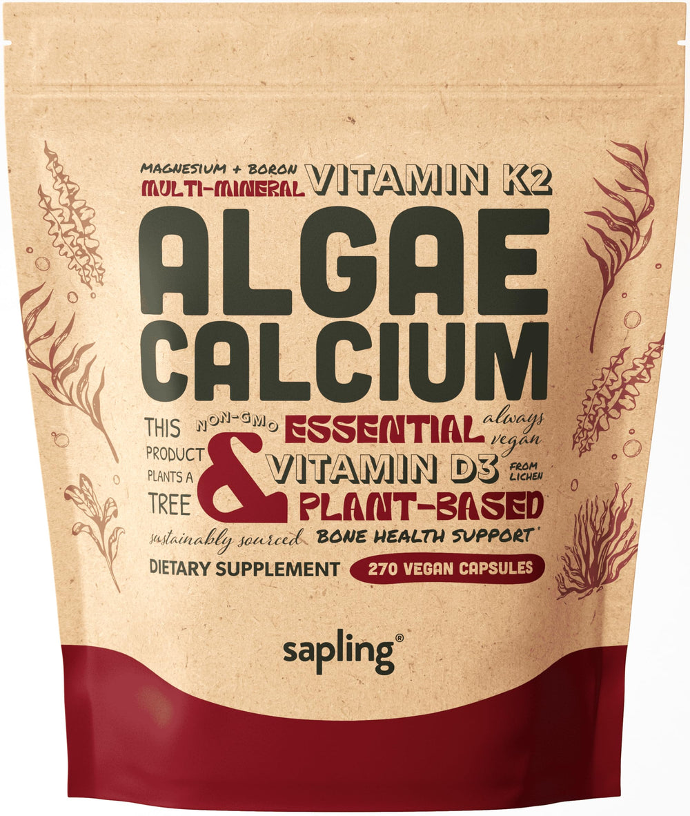 Sapling calcium bottle highlighting red algae source for plant-based mineral support