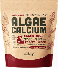 Sapling calcium bottle highlighting red algae source for plant-based mineral support