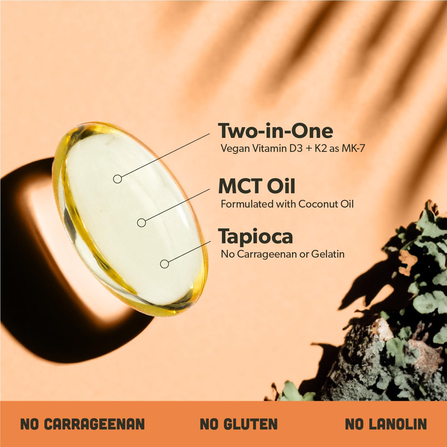 Sapling D3 + K2 label shows vegan, non-GMO plant-based D3 source