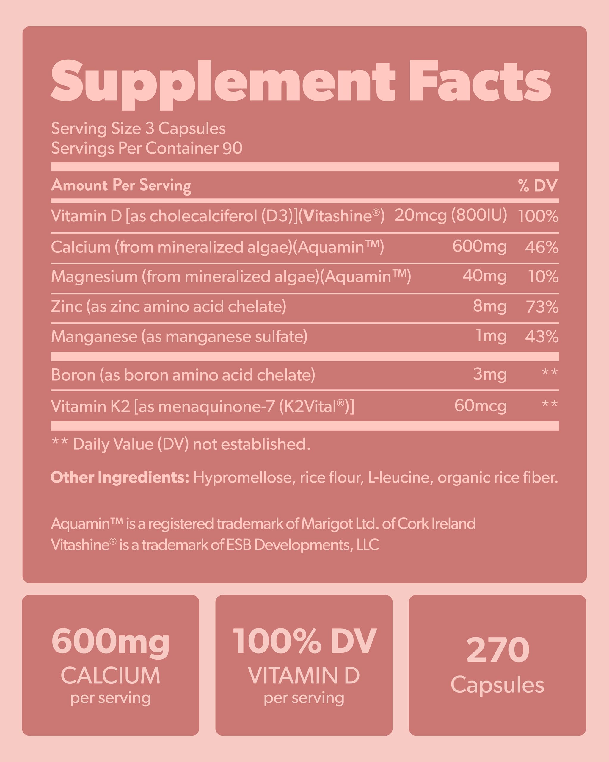 Sapling label detailing 600 mg calcium from red algae