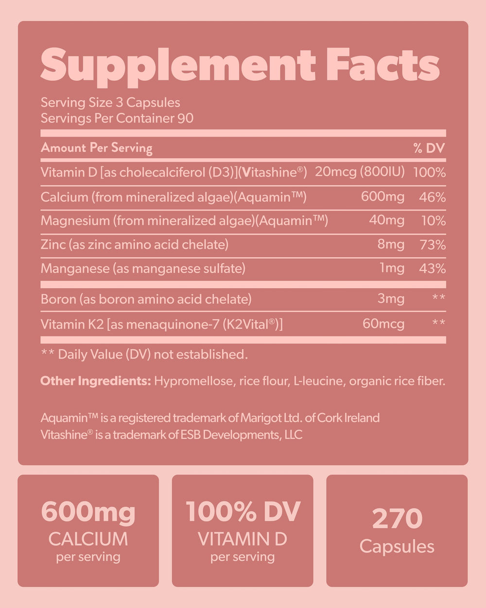 Sapling label detailing 600 mg calcium from red algae