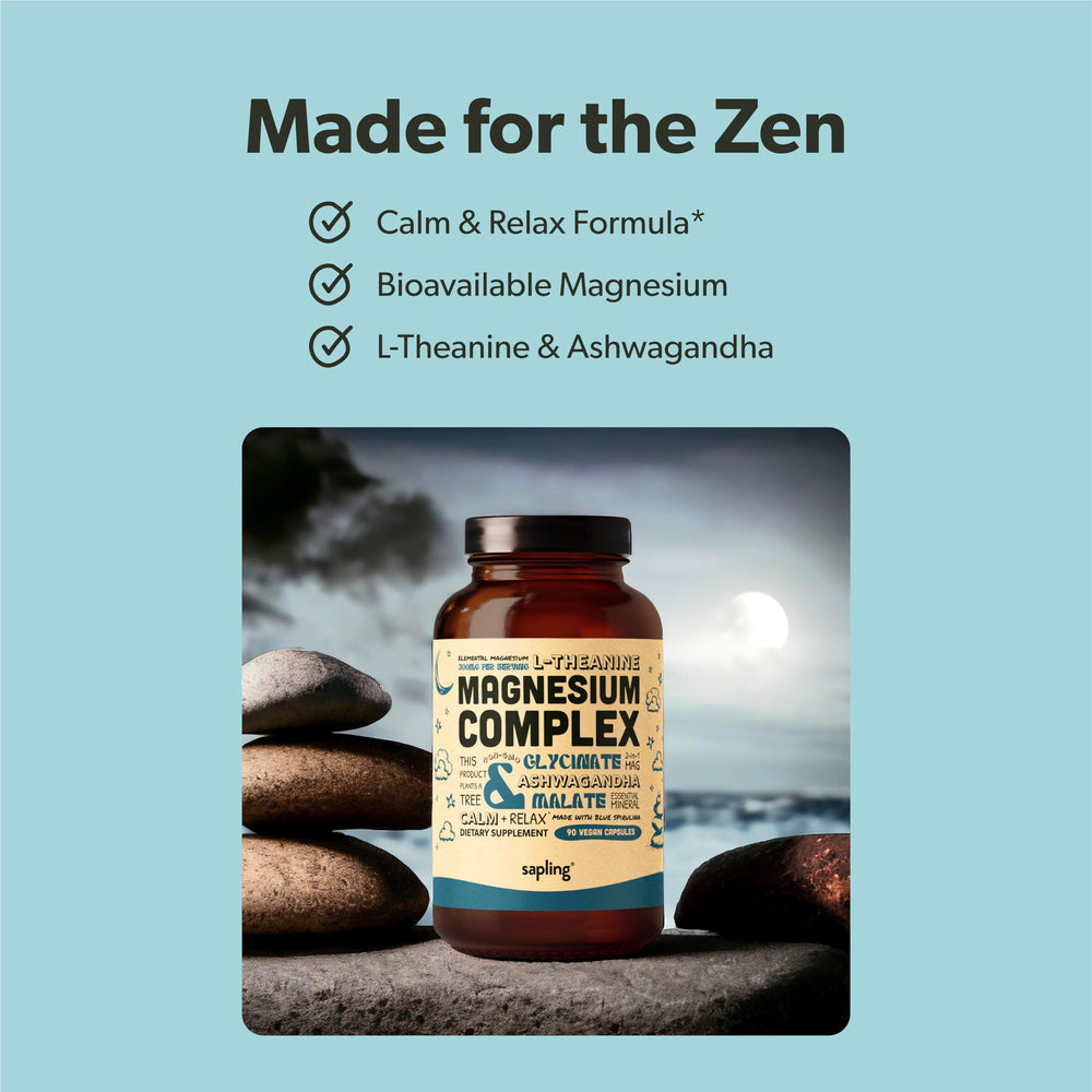 Sapling Magnesium Glycinate capsules closeup demonstrates gentle stomach friendly magnesium