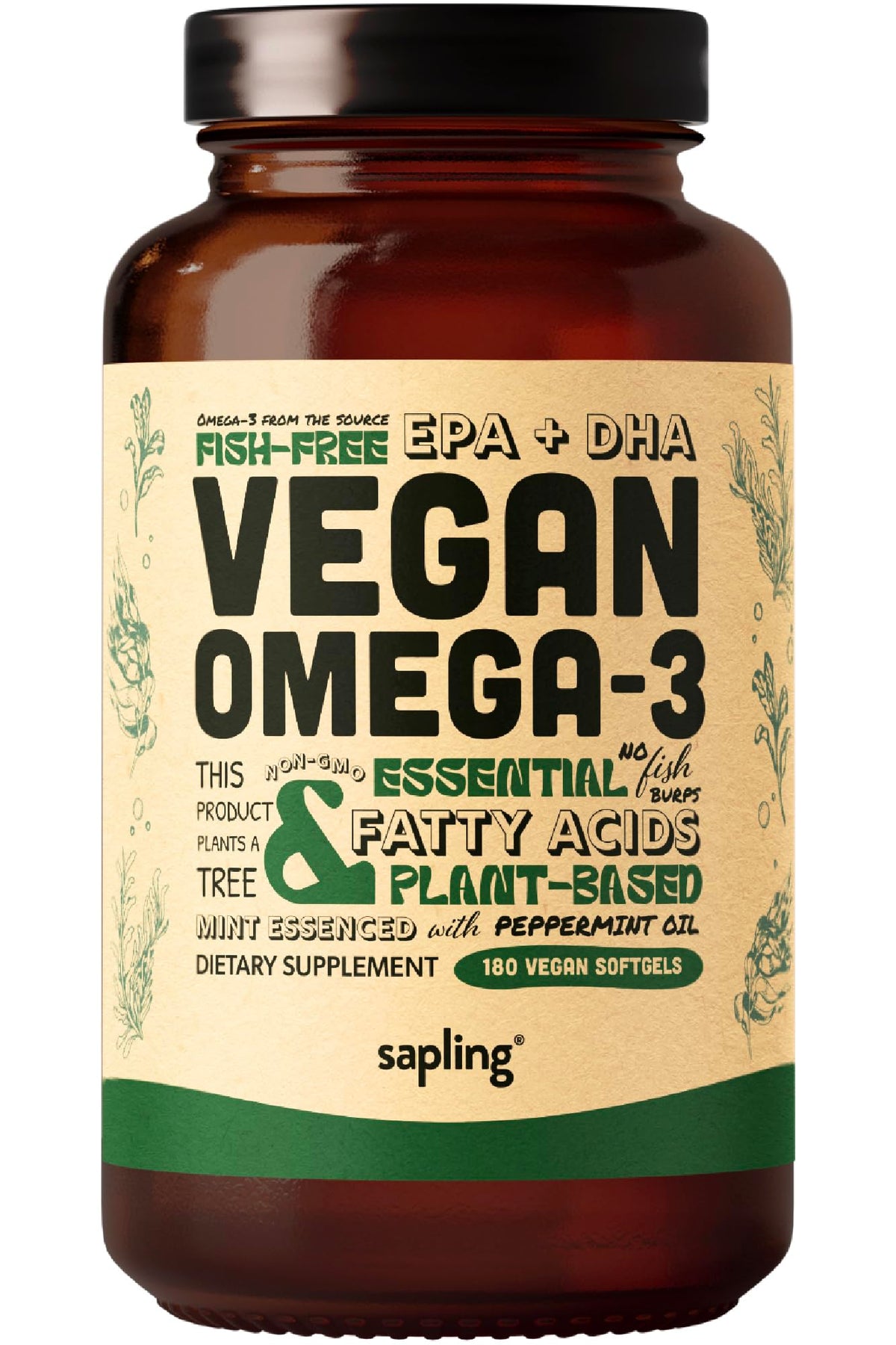Sapling Vegan Omega-3 bottle front displaying algae-based DHA and EPA benefits.