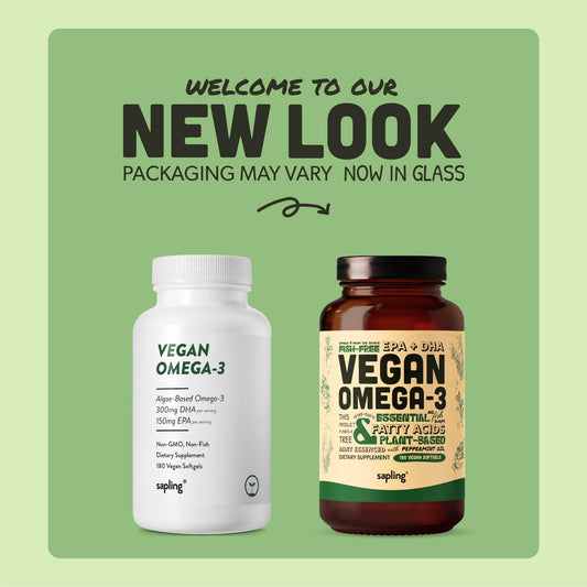 Sapling Omega-3 bottle ingredients panel highlights carrageenan-free formula.
