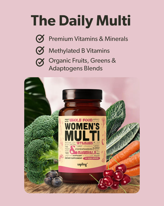 Sapling Women's Multivitamin bottle side highlighting vegan, non-GMO formula.