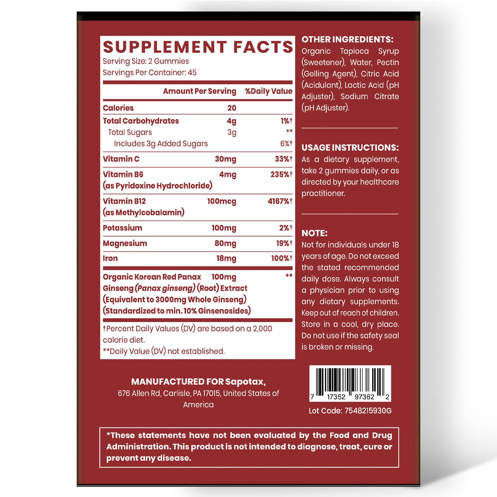 Sapotax Korean Red Panax Ginseng Gummies label close-up showing premium ingredients.