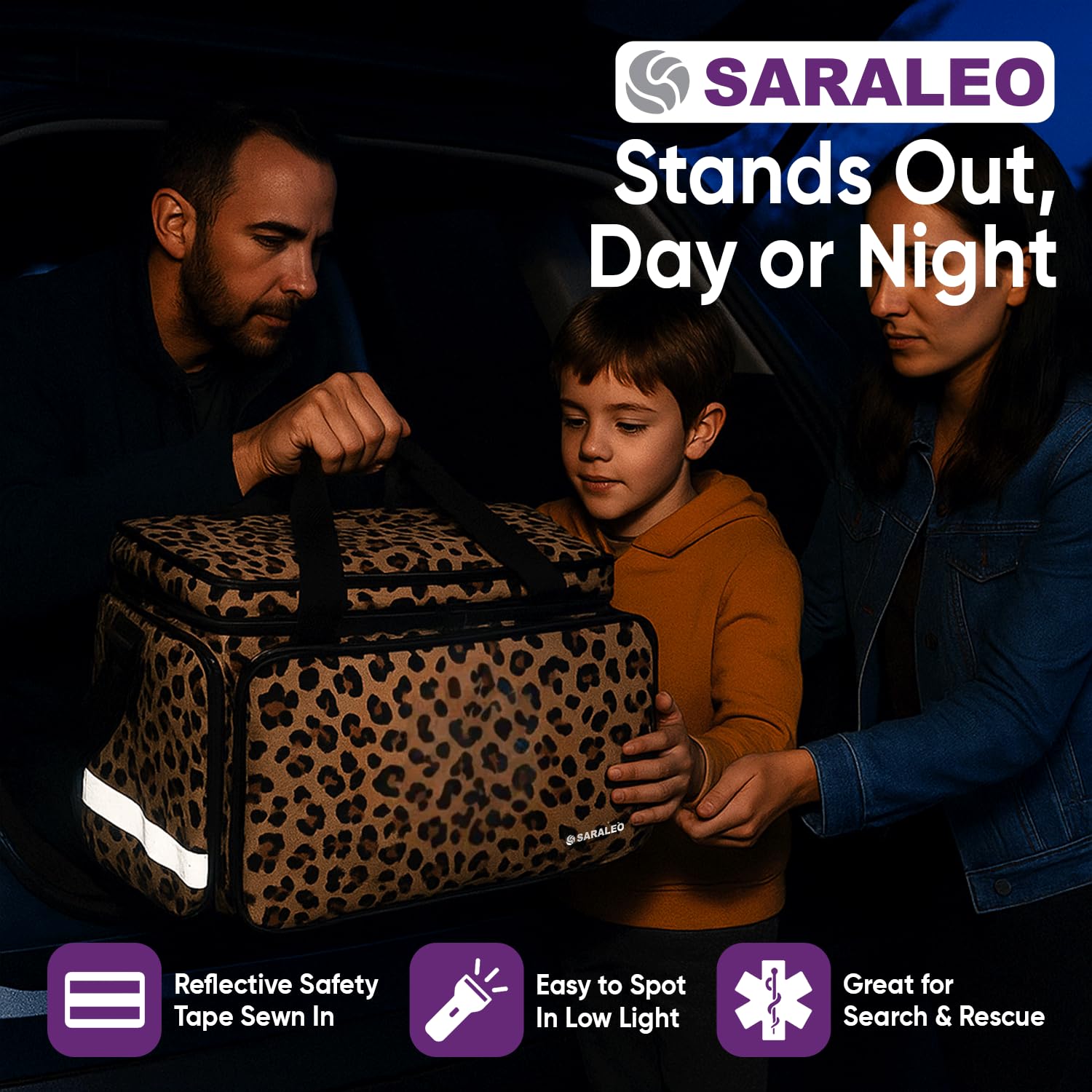 SARALEO Leopard fabric close-up highlighting water-resistant 600D material