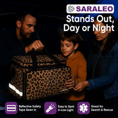 SARALEO Leopard fabric close-up highlighting water-resistant 600D material