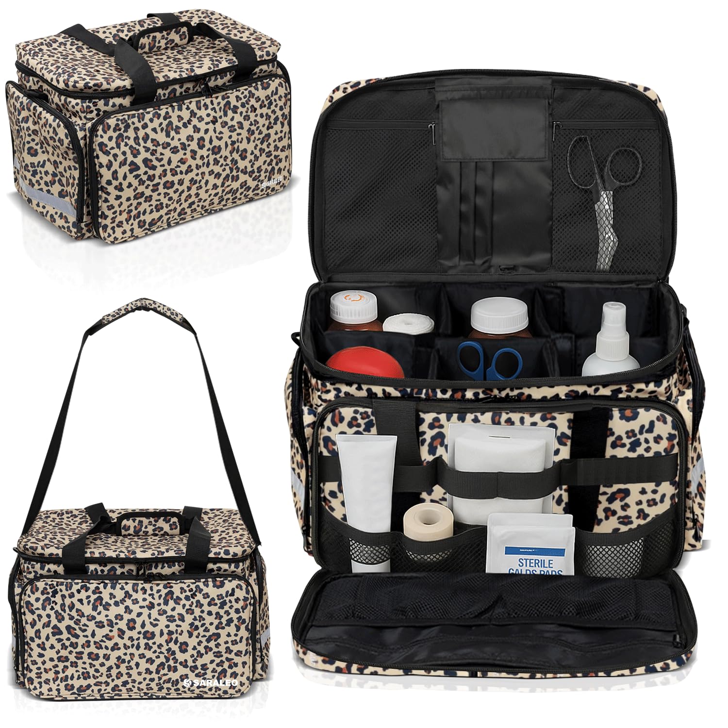 SARALEO Leopard Medical Bag Organizer front view demonstrating organized professional setup for clinicians
