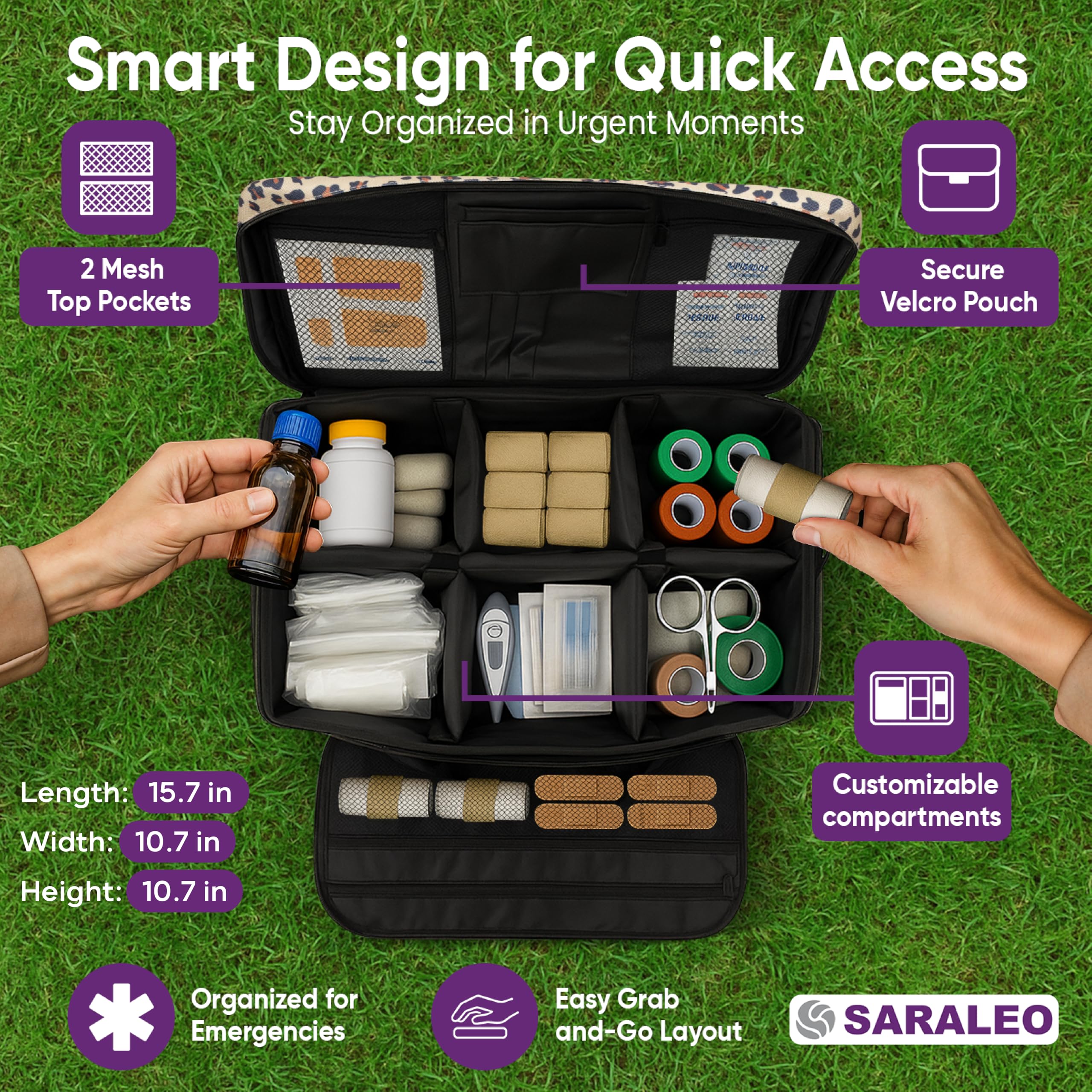 SARALEO Leopard Bag Organizer main compartment with 11 pockets enabling efficient kit organization