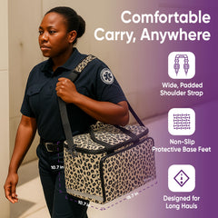SARALEO Leopard bag with shoulder strap used during a home health visit