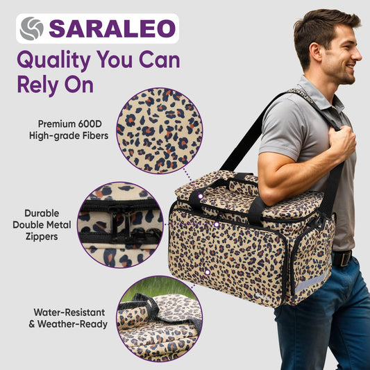 SARALEO Leopard bag side pocket detail showing accessible storage for bandages and tools