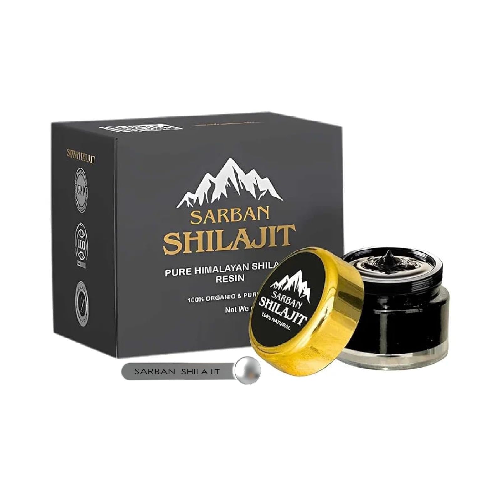 Sarban Shilajit gold-grade resin jar with spoon for precise daily dosing.