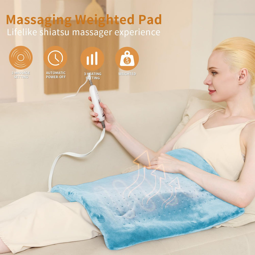 SAROO heating pad features massage function with weighted beads for contouring support.
