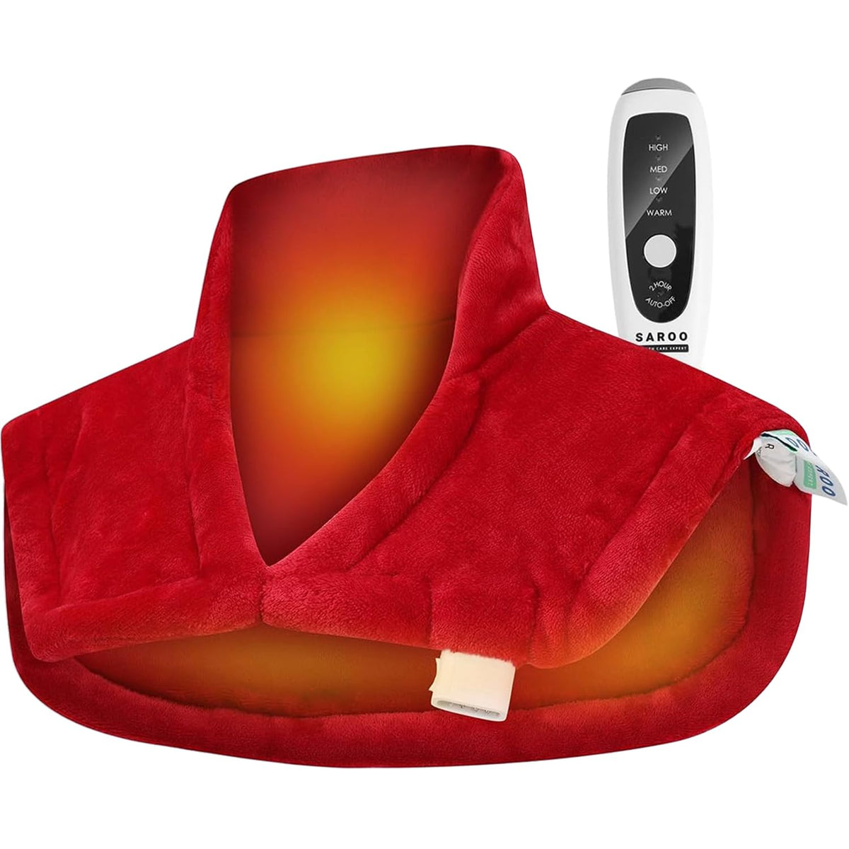 SAROO neck-shoulders-back heating pad in soft velvet provides soothing warmth for tense muscles.